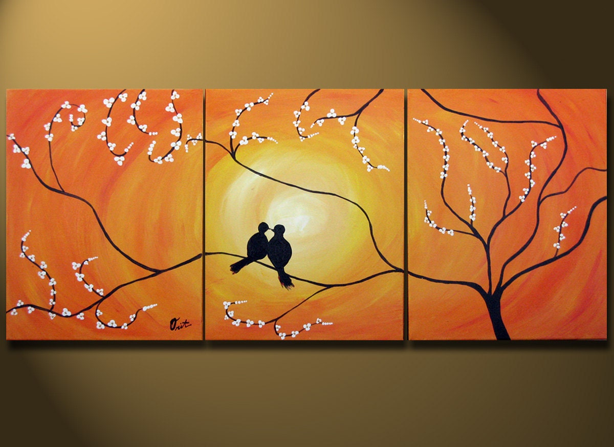 Orange Abstract Painting Love Birds Sitting on Tree,  HUGE Art, Acrylic on canvas ORIGINAL, Contemporary Earthy Bird, Gold Orange