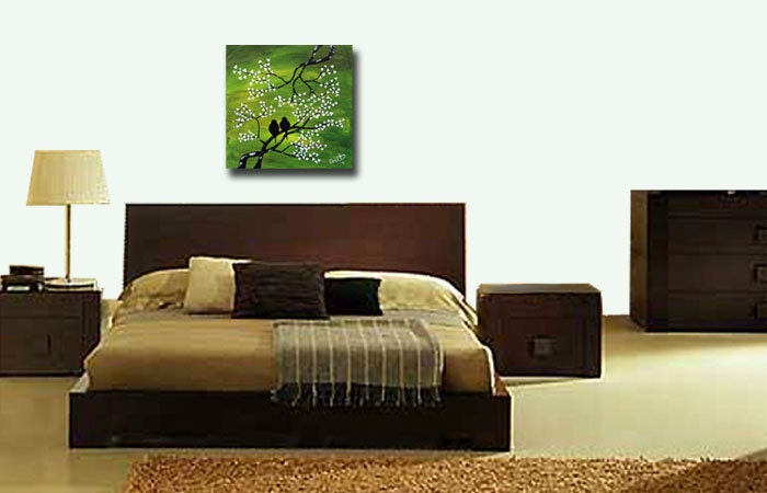 LOVE BIRDS Painting Landscape Modern, Lovebird wall art, ORIGINAL Lovebirds Art Green White Birds on a tree Huge on canvas