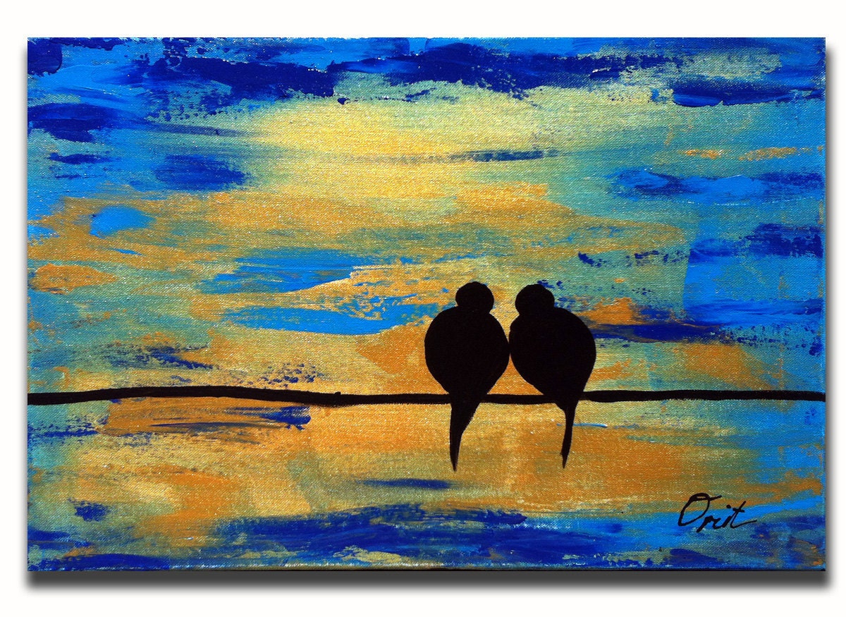 Original Painting Love Birds Wall Art Sky Blue Gold Heavy Texutre Impasto Metalic Mixed media Birds Unique One of a kind Canvas Wedding Gift