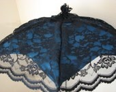 VICTORIAN PARASOL in Your Choice Color Satin Fabric with Black Scalloped Lace Overlay and Lace Ruffle at the Tip