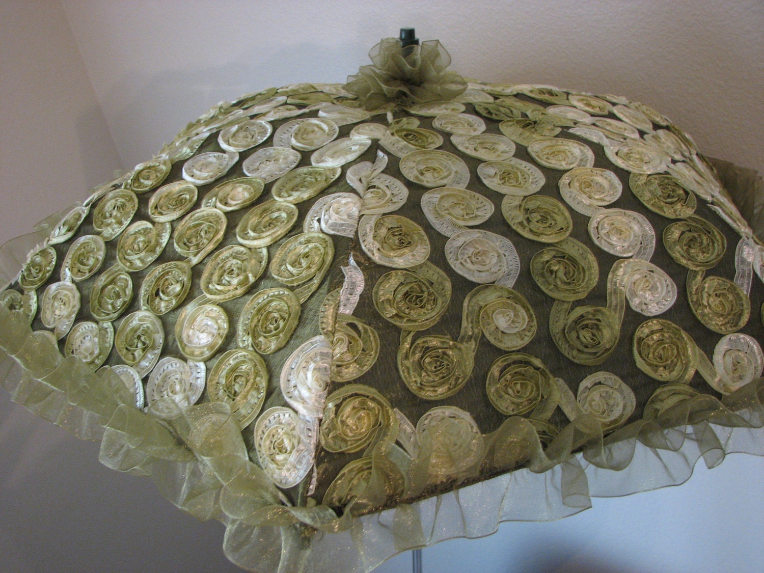 VICTORIAN PARASOL in Olive Green to White Small Rosette Taffeta Accented with Organza Ruffle