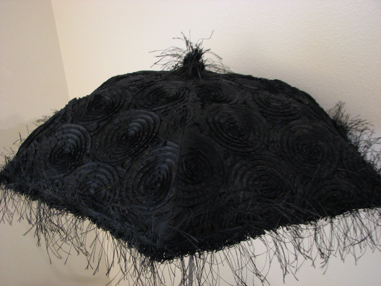 VICTORIAN PARASOL in Black Ribbon Spiral Circle Taffeta Embellished with Eyelash Fringe