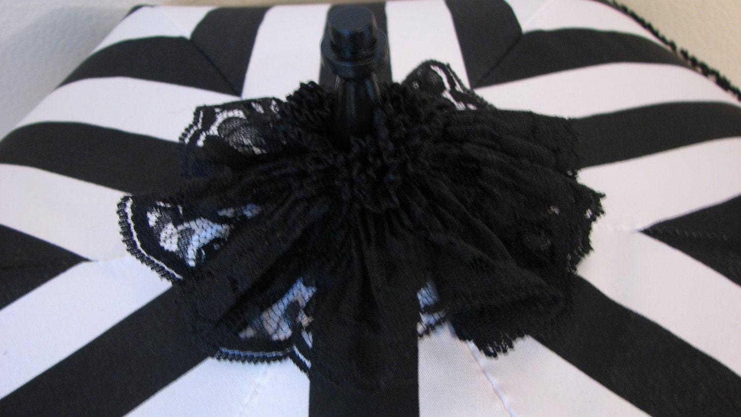 Victorian PARASOL in Black and White Stripe Fabric Accented with a Black Lace Ruffle