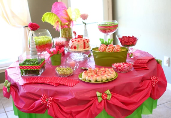 Personalized Table Cloth, Pink and Green, Birthday Party, Candy Table, Strawberry Shortcake