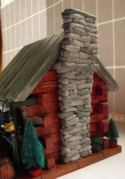 Log Cabin Birdhouse - Fishing & Hunting Camp with duck decoys, creel, dog and stone chimney
