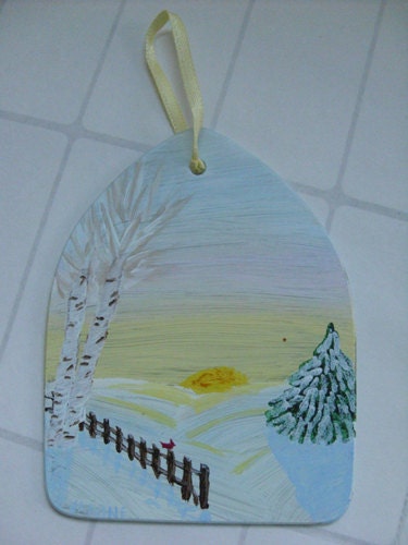 Winter Ornament - Cardinal & winter snow sunset with birch, spruce