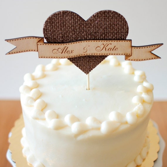 The Woodland Heart Wedding Cake Topper in Chocolate burlap - Personalized