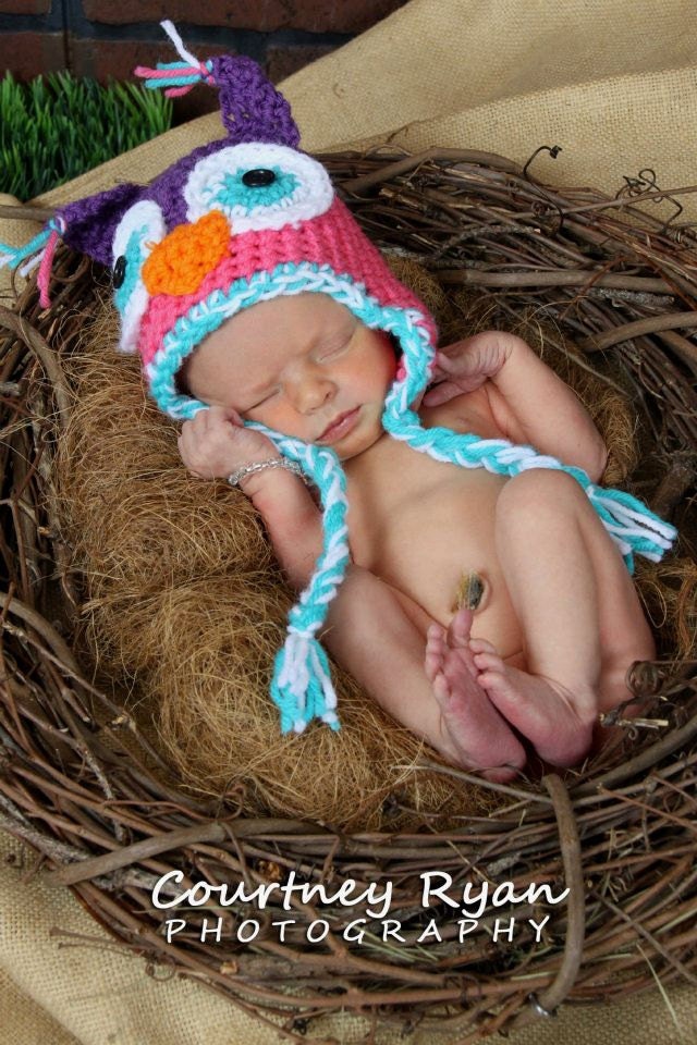 Crochet Owl Hat, custom made- you pick colors, photography prop