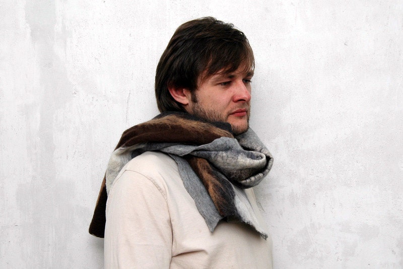 Felted shawl for Him, gray - brown merino wool