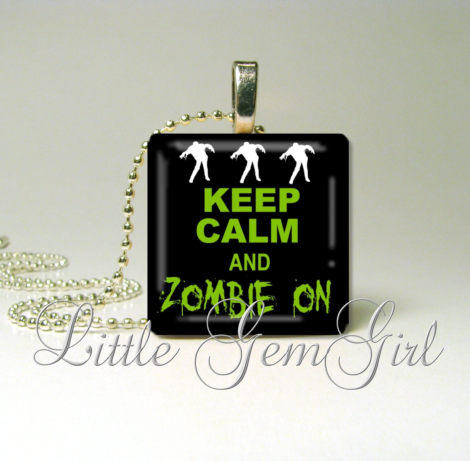 Halloween Jewelry - Keep Calm and Zombie On - 1"x1"  (one inch square) Wood Tile Necklace Pendant by Little Gem Girl
