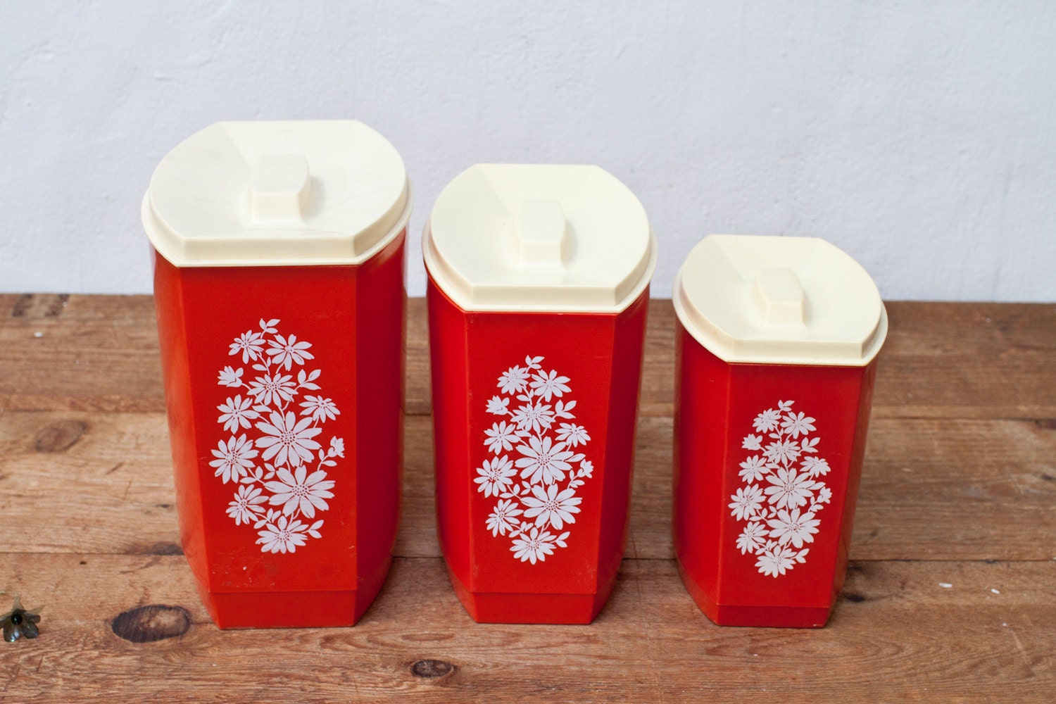 Plastic Red Flower Coffee, Sugar and Tea Canisters Set