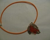 Orange leaf necklace, silver and fused glass