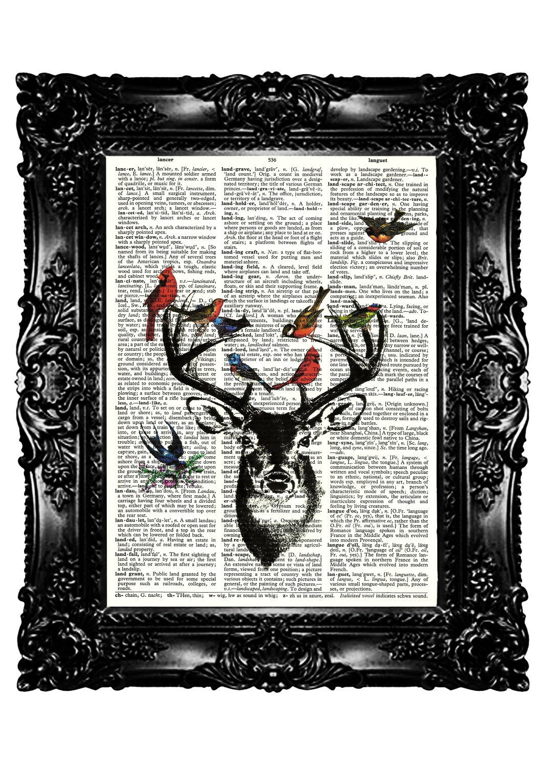 DEER & BIRDS  Dictionary Bird Prints Upcycled Book  Vintage Book Page Upcycled Dictionary Page Vintage Book Print  Buy 3 get 4th free