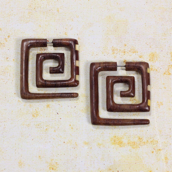 Fake Gauges - Square Spirals w/ Inlays - Organic Wood Earrings