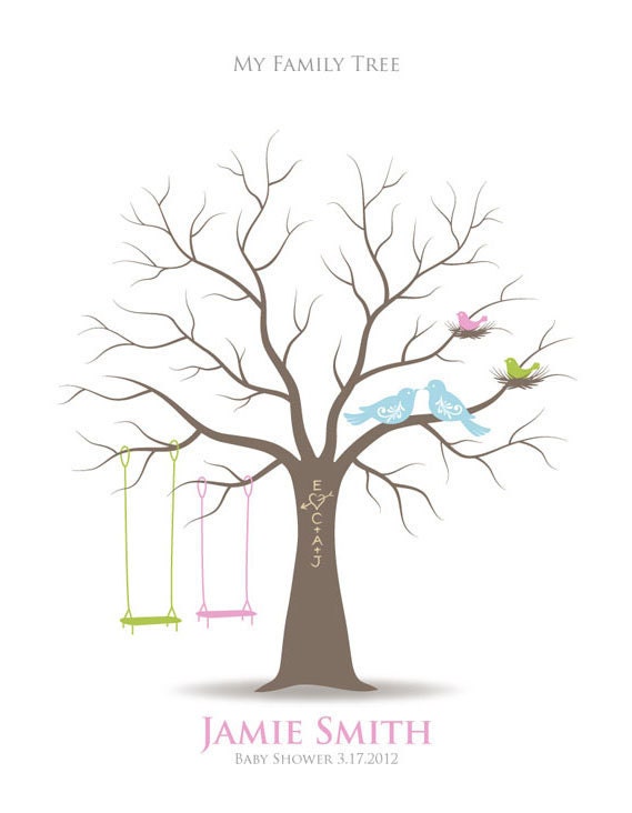 Baby Shower Thumbprint Tree Guest Book Poster, Baby Shower Gift, Nursery Wall Decor, Personalized Print w/ Love Birds & Swings, 11x14