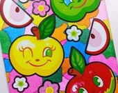 ACEO - Kawaii Happy Apples Spring Green Yellow Red Flowers - Stickers & Stencil Glitter Design