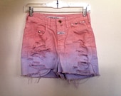High Waisted Half Pink and Purple Studded Distressed Denim Shorts
