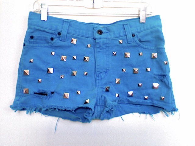 High Waisted Blue Distressed and Studded Levi Strauss Denim Shorts