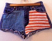 High Waisted Studded American Flag Dark Blue Wrangler Denim Shorts