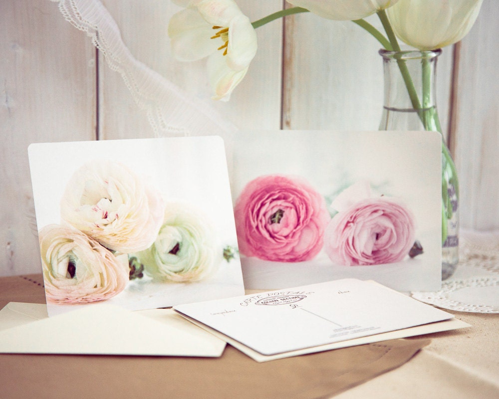 Ranunculus postcards - dreamy flower photography romantic gift for her nursery decor luxury statement pale pink botanical sunshine white