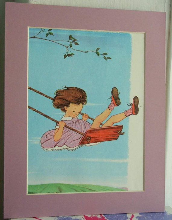 Ready To Frame Vintage Illustration. Flying High On My Swing. Gyo Fujikawa.