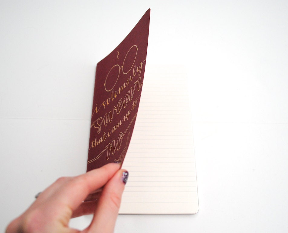 Harry Potter Inspired Notebook, Modern Calligraphy, Gryffindor Edition, Gold Ink on Red Moleskine, I Solemnly Swear That I Am Up to No Good