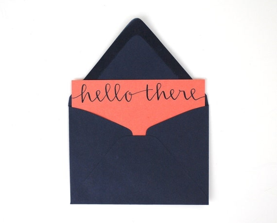 Modern Stationery Set . Hello There . Handwritten Calligraphy . Navy Ink on Peachy Orange . Set of 5 Flat Notecards