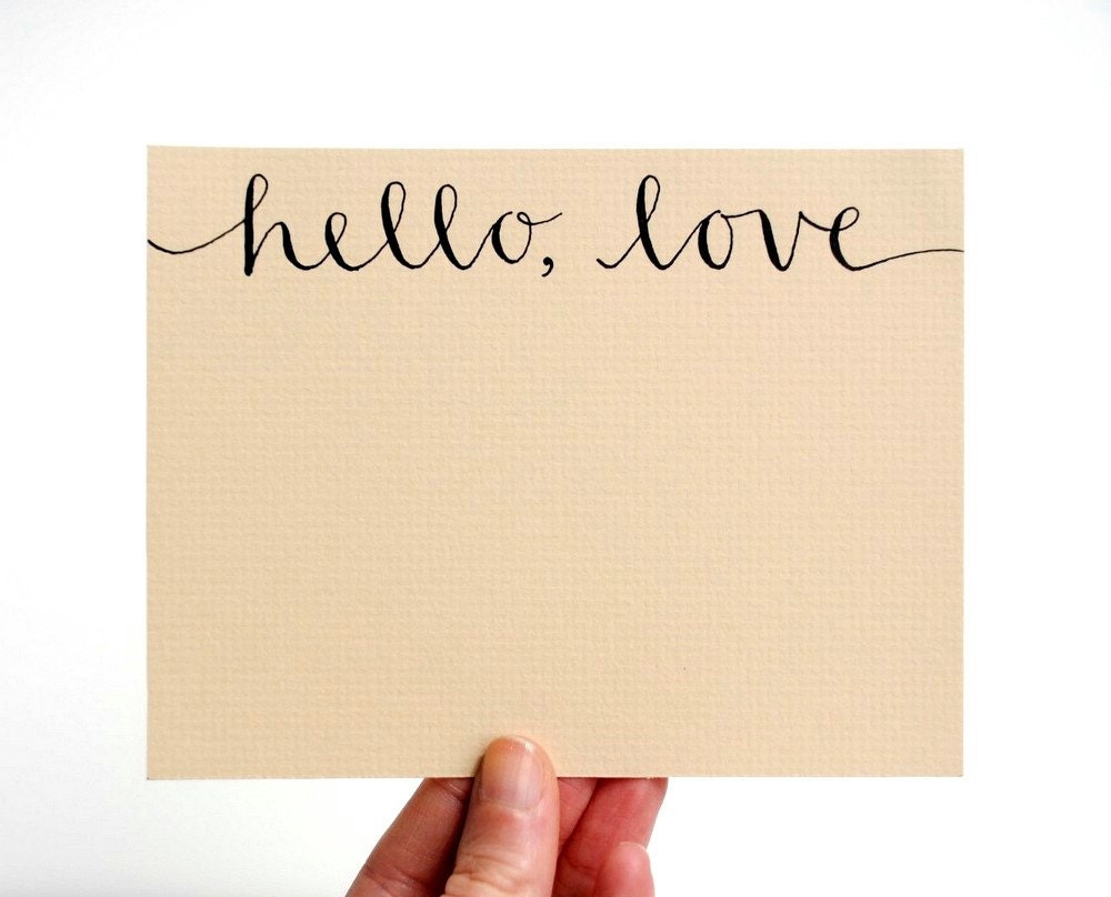 Hello Love Stationery Set, Handwritten Cards, Modern Calligraphy, Tan, Beige, Khaki, Neutral, Set of 4 Flat Notecards