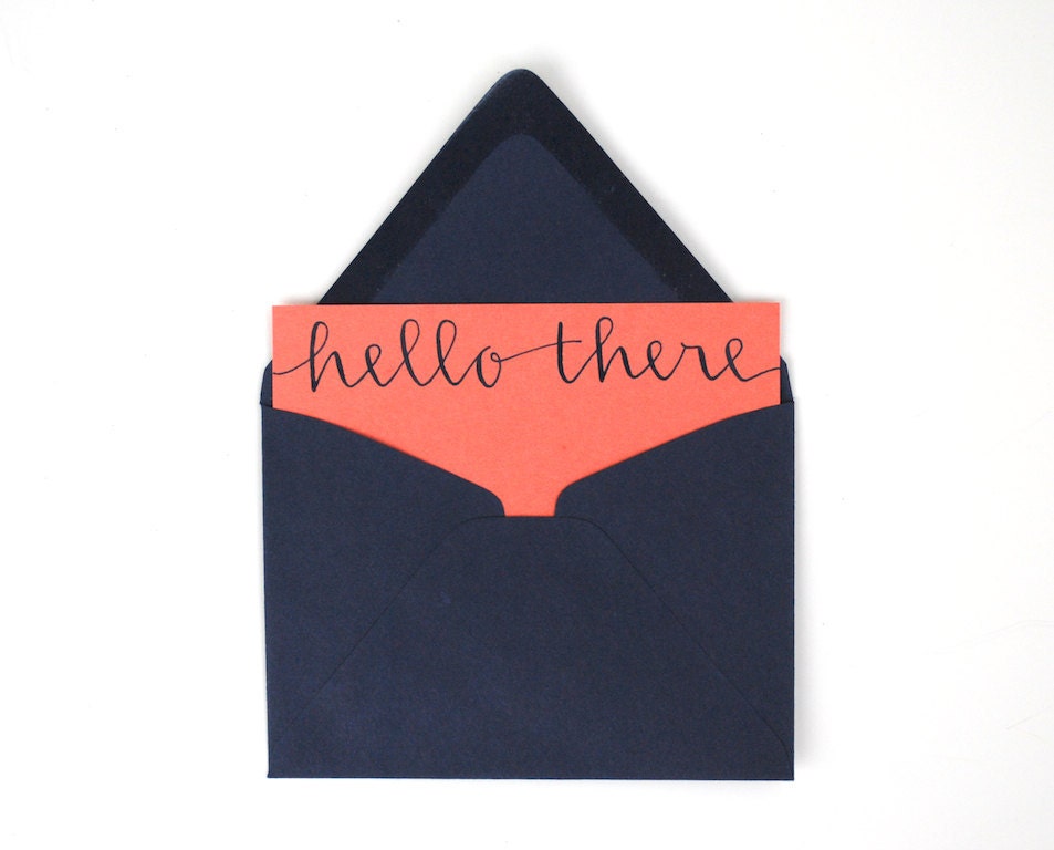 Modern Stationery Set . Hello There . Handwritten Calligraphy . Navy Ink on Peachy Orange . Set of 5 Flat Notecards