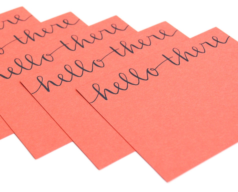 Modern Stationery Set . Hello There . Handwritten Calligraphy . Navy Ink on Peachy Orange . Set of 5 Flat Notecards