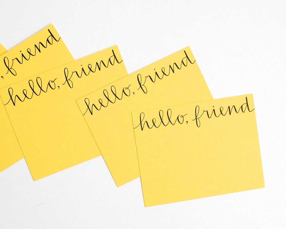 Hello Friend Stationery Set . Handwritten Calligraphy . Lemon Yellow . Floral Lined Moss Green Envelopes . Set of 5 Notecards