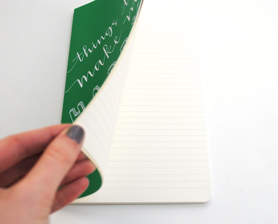 Green Notebook with Handwritten Calligraphy and Capitals . Large Ruled Moleskine Volant . Things That Make Me Happy . OOAK