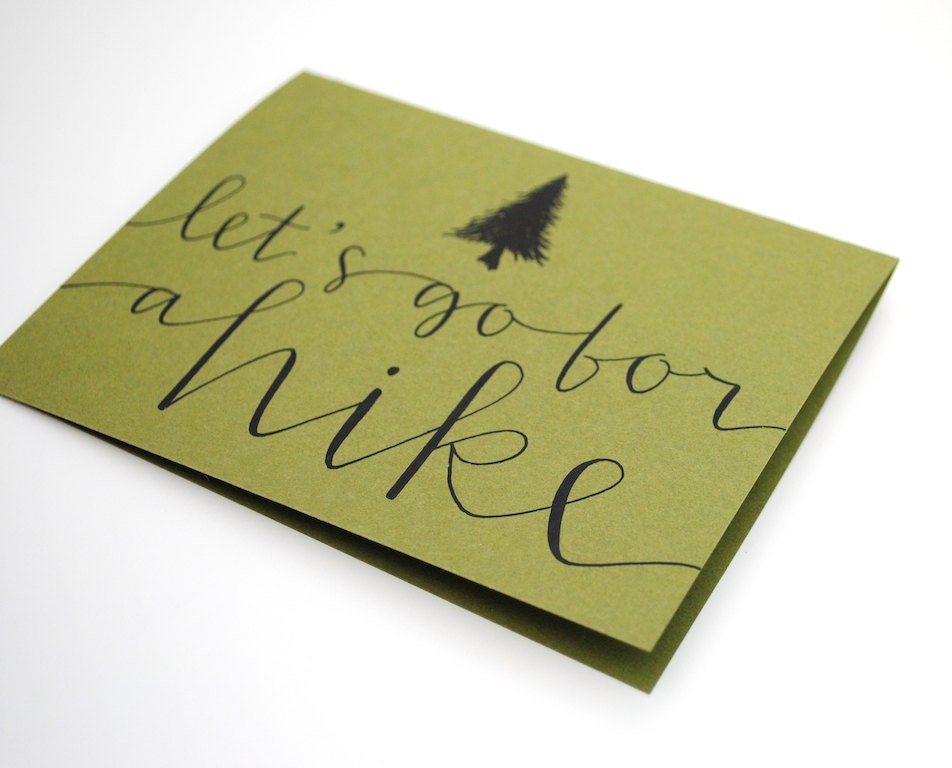 Woodland Love, Let's Go For a Hike, Greeting Card, Handwritten Calligraphy, Evergreen Tree Illustration, Olive Green, Blank Inside, Single