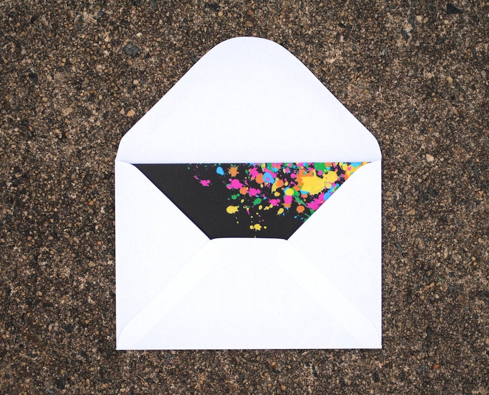 Have a Happy Birthday Card, White Text and Colorful Neon Paint Splatters, Handwritten Modern Calligraphy, Blank Inside, Single