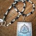 16 inch necklace with triquetra pendant, tree agate, dumortierite, and blue goldstone stars