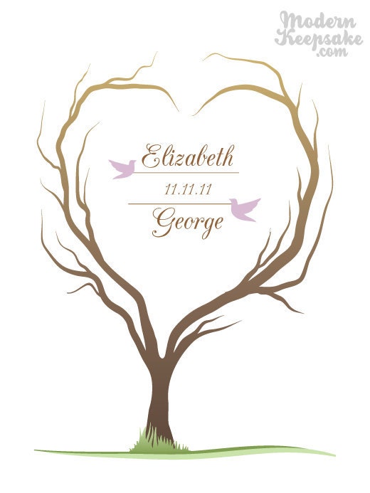 Wedding Tree Guest Book Signature Print -  Heart Shaped Tree with Love Birds - 18x24 - 150 Signature Thumbprint Poster