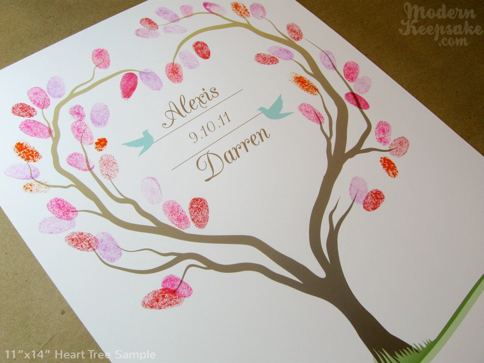 Fingerprint Wedding Tree - Thumb Print Guest Book Print -  Heart Shaped Tree with Love Birds - 11x14 - 50 Signature Guestbook Poster
