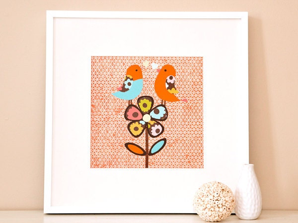 Modern Children's Paper Wall Art - Birds Singing on a Flower - 12 x 12 - Orange and Blue or Custom Color