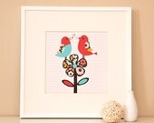 Modern Children's Paper Wall Art - Birds Singing on a Flower or Personalized - 12 x 12 - Pink and Blue or Custom Color