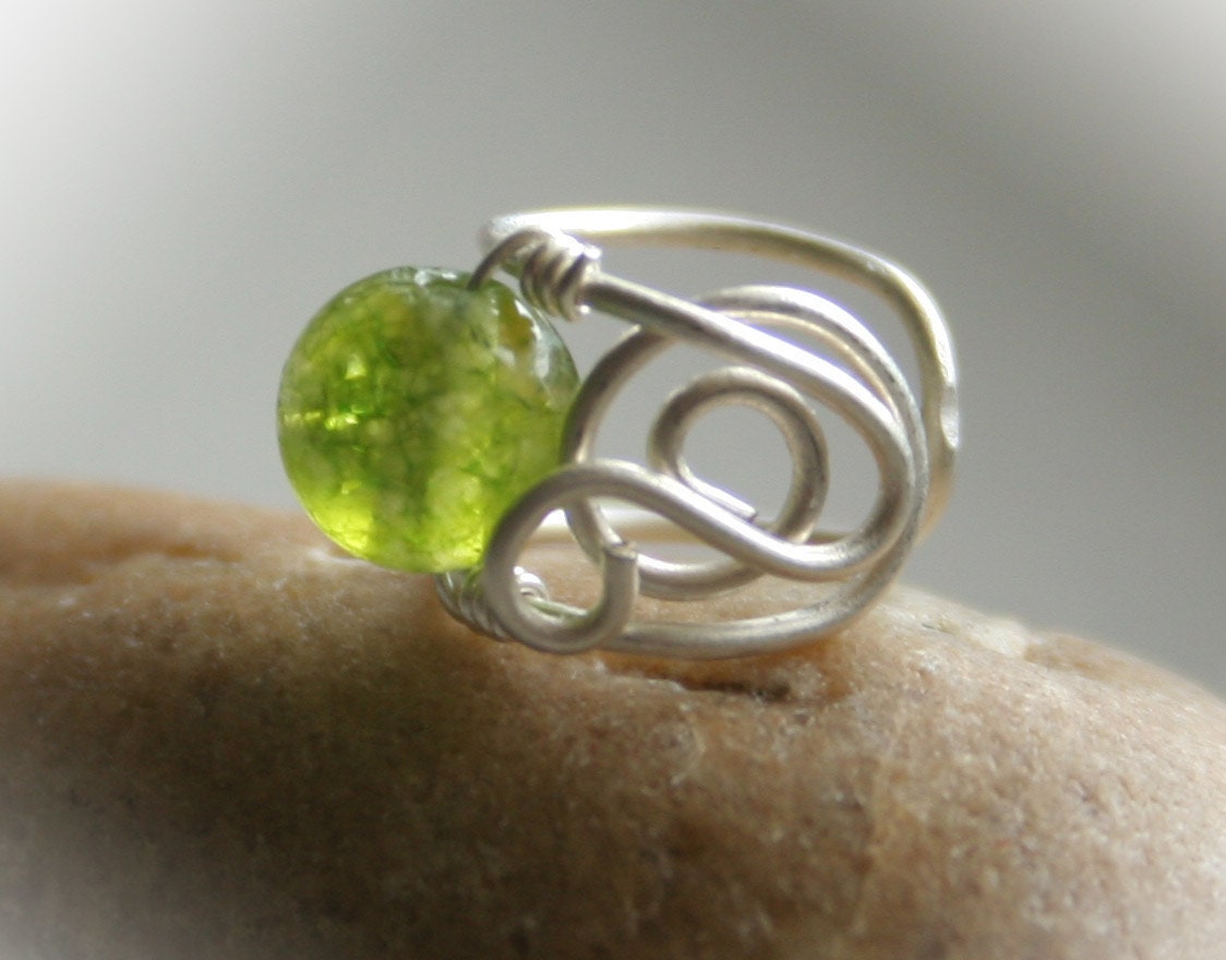 Olive - tiny silver plated wire ear cuff with olivine color bead