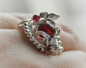 Bloody Forest - silver plated wire wrapped ring with cherry amber and garnet beads - bodzastudio