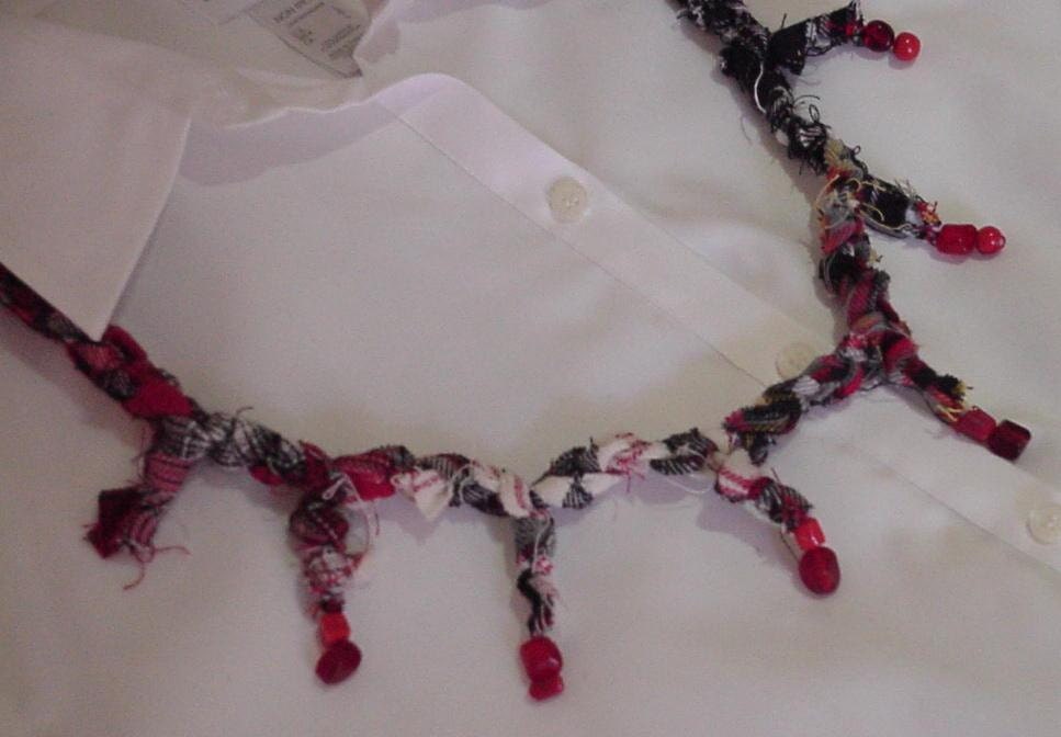 Crocheted Knotted Necklace Raggedy Plaid Flannel Fabric Bracelet Western Cowgirl OOAK Fiber Jewelry itsyourcountry