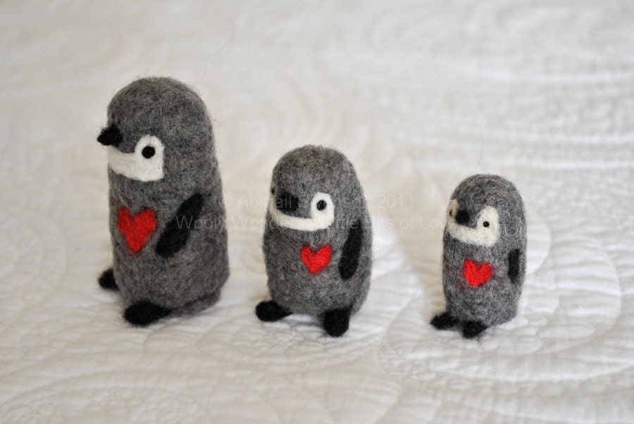 The Popular Penguins Family - Three Handmade Needle Felted - Soft Wool -Miniature Animal Stocking stuffer toy gift
