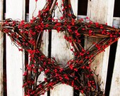 FIRE CRACKER RED-Scented Cinnamon-Star Grapevine Berry Wreath-Patriotic Summer Door Decor-Primitive Patriotic Decor