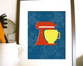 Custom Listing, READY-toHang Kitchen Art Print- Kitchen Mixer, Floral background- 8X10 Inches, Other sizes