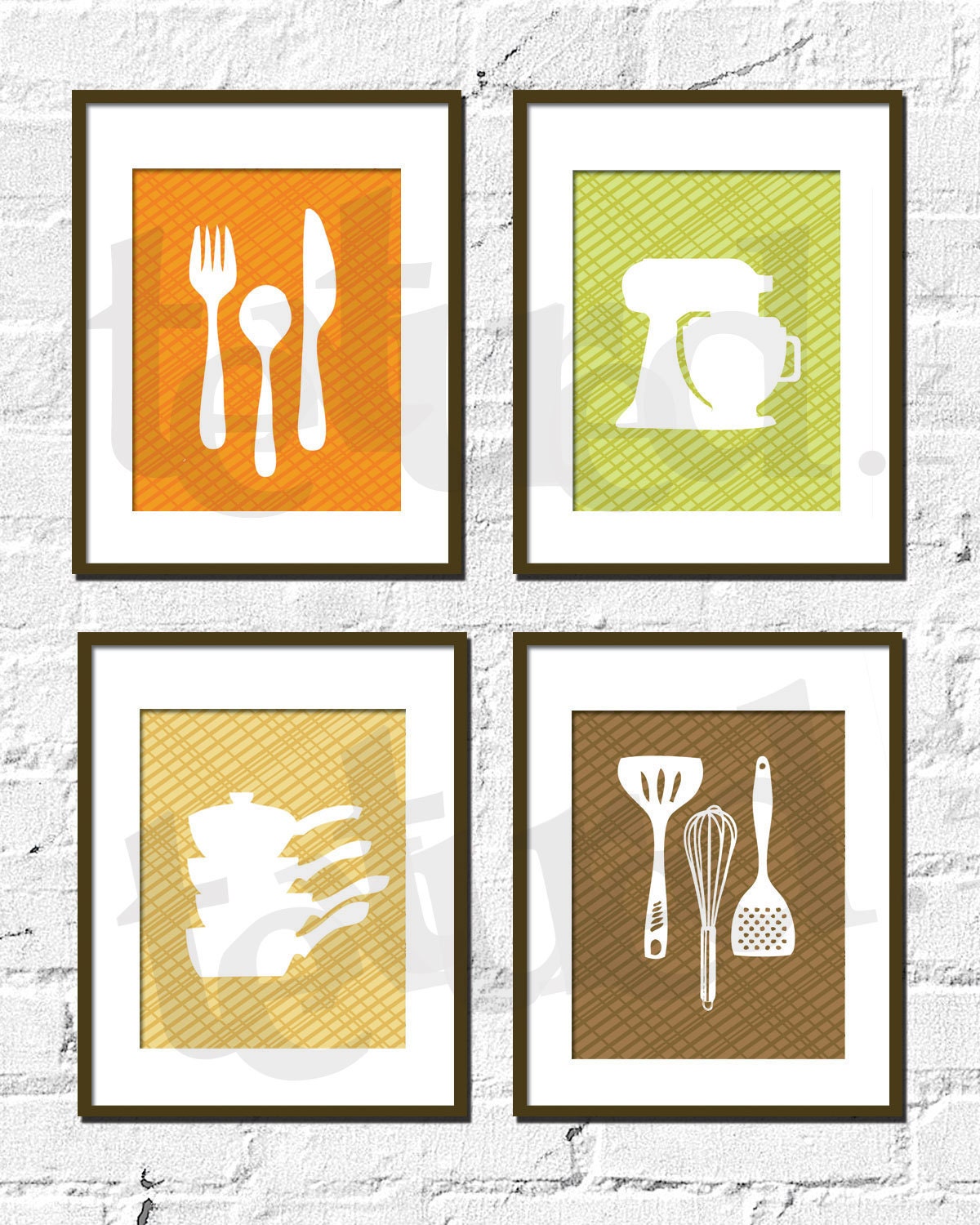 Kitchen Artwork Print Set - CrissCross Kitchen Set of 4- 8X10 Inches, Choose colors and custom sizes