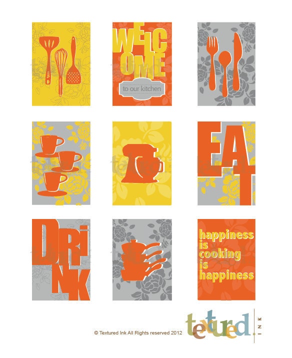 Kitchen Art Prints Set, Set of 9, 5X7 Inches, Choose colors and custom sizes, Housewarming Gift, Wedding Gifts