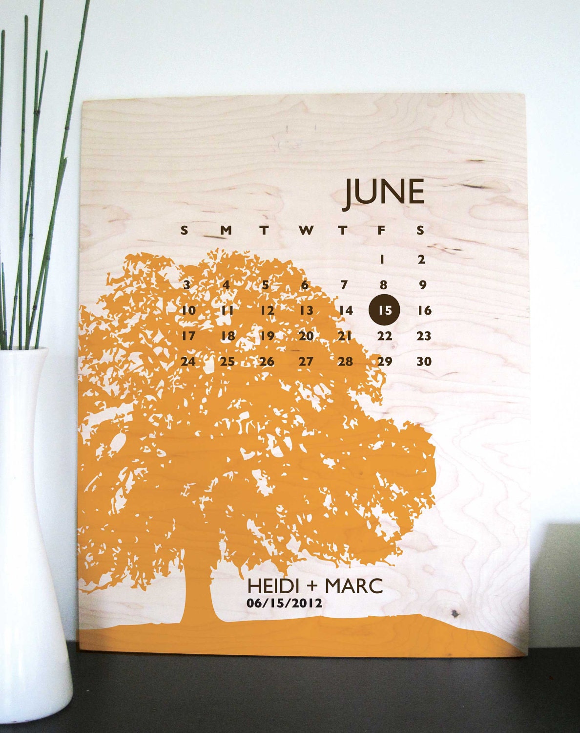 Wedding poster Art on Wood Panel, Month and Tree 12X16 Inches, More sizes available
