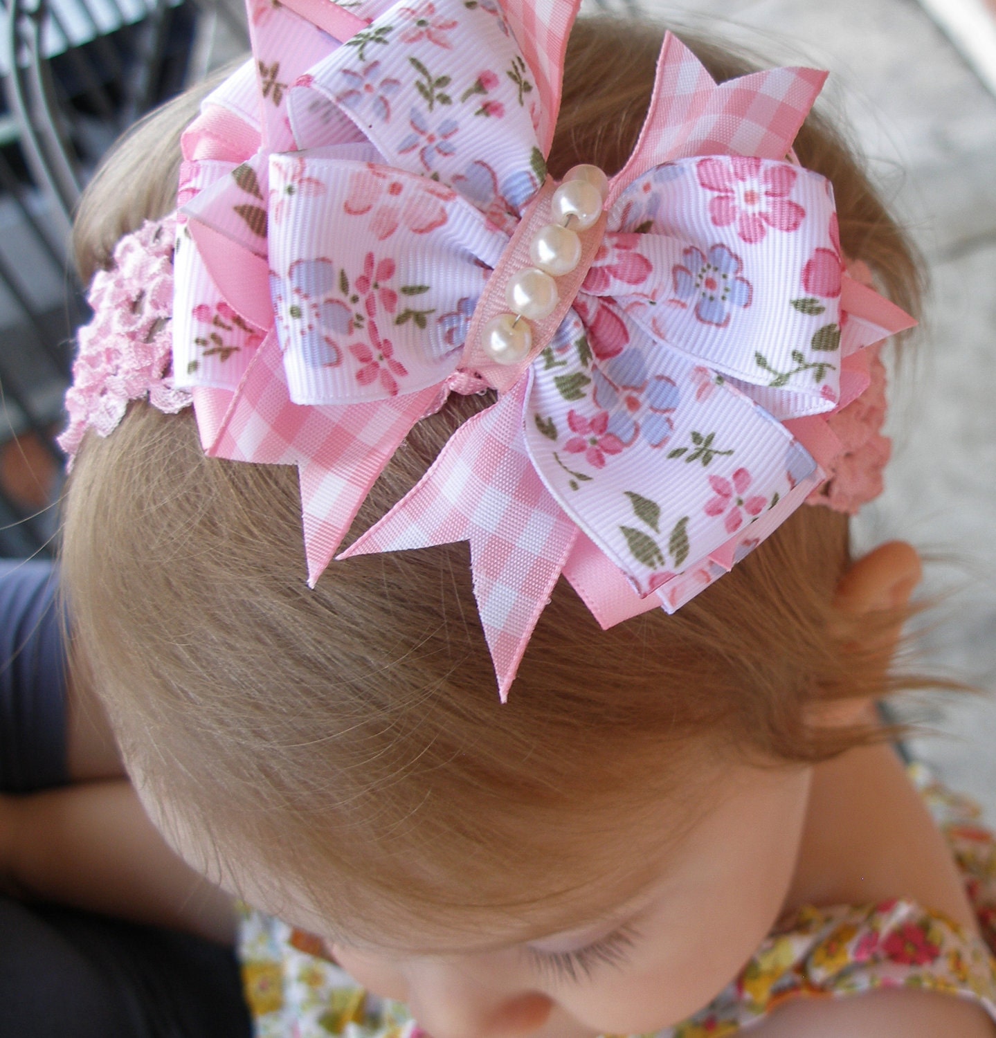 Hair Bow-- Pink Floral Layered Boutique Bow for Head Band with Pearls