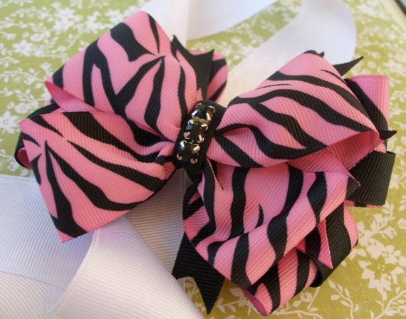 Hair Bow--Pink Black Zebra Layered Boutique Hair Bow